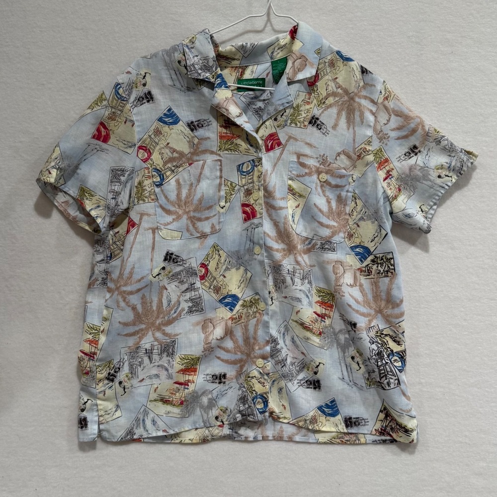 Liz Claiborne Liz Golf  Blue Linen Blend Tropical Postcard Shirt L Grandma Core